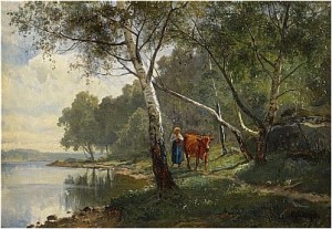 Landskap Med Björkskog Och Vallflicka Vid Sjö by Edward BERGH
