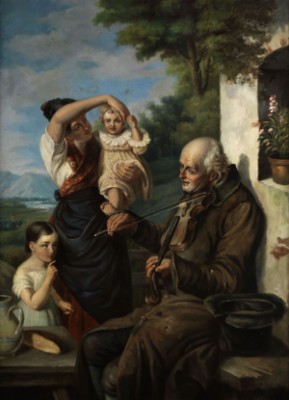 Alter Bettelmusikant Mit Geige Spielt Vor Einer Jungen Bäuerin Mit Zwei Töchterchen by Josef HAIER