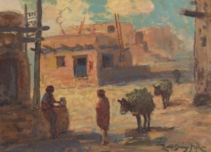 Pueblo Scene Of Man And Woman With Three Bundled Mules by Ralph Davidson MILLER
