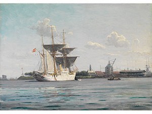 Grosser Segeldampfer Auf Ruhigem Wasser In Einem Dänischen Hafen by Christian Benjamin OLSEN