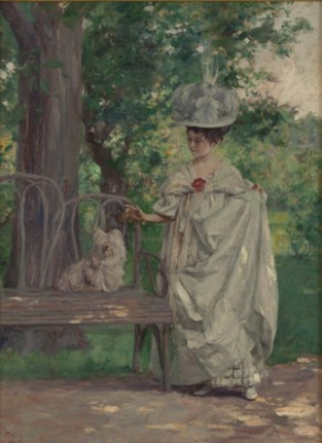 Young Lady Petting A Small Dog by Louis BETTS