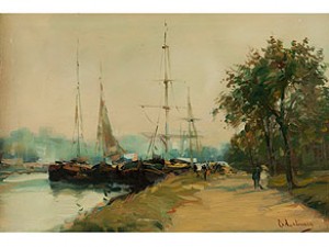 Anlegende Schiffe In Einem Kanal Mit Bewachsenem Uferweg Und Rechts Anstehendem Park Mit Flanierendem Paar by Albert LEBOURG