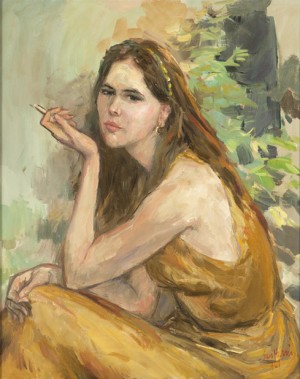 ''thoughtful'', Portrait Of A Woman Holding A Cigarette, Possibly The Wife Of The Artist by Sam HARRIS