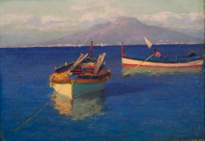 Two Boats Near The Bay Of Naples With Mount Vesuvius In The Background by Lionel WALDEN