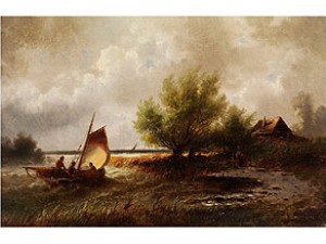 Uferlandschaft Mit Segelboot Und Einem Haus Im Hintergrund by Albert RIEGER