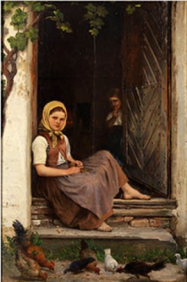 Hühner Fütterndes Mädchen by Carl Von BLAAS - auction artwork with signature