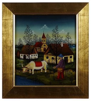 Motiv Med Bonde I Liten By by Mitja ROJC - auction artwork with signature