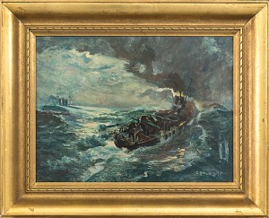 Fartyg I Strid by Carl Ackfeld ATTERLING - auction artwork with signature