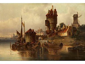 Holländische Stadtansicht Mit Schiffen by Ludwig Hermann Van HOOM
