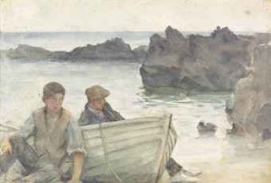 Two Boys Resting By A Boat On The Shore by Henry Scott TUKE
