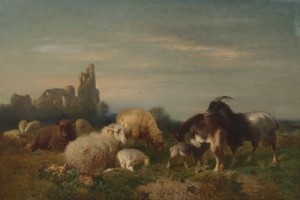 Bucolic Scene Of Sheep And Goats In Foreground With Castle Ruins In Distance by Louis Marie ROBBE