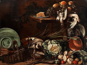 Grosses Küchenstilleben Mit Gemüse, Geschirr, Korb, Totem Geflügel Und Trauben by Giuseppe RECCO