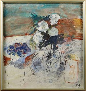 Föremål På Bord Ix (stilleben Med Vita Rosor Och Plommon) by Maj ARNELL
