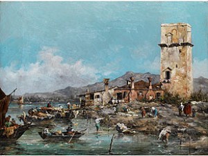 Italienische Küstenlandschaft Mit Fischerhäusern Und Massivem Turm by Giuseppe PONGA
