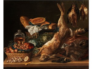 Grosses Küchenstilleben Mit Hase, Wildschweinkopf Und Früchten by Anton Friedrich HARMS