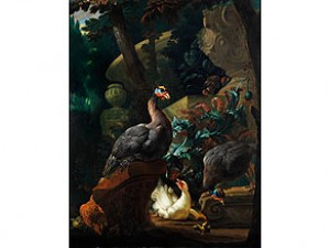 Perlhuhnpaar Mit Küken Neben Distelblättern Vor Dunkler Waldlandschaft Mit Steinen Und Marmorvase by Abraham BISSCHOP