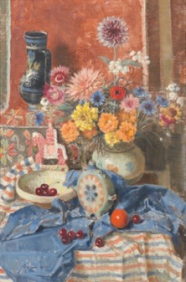 Still Life With Flowers, Fruit And Pottery by Béla KONTULY - auction artwork with signature