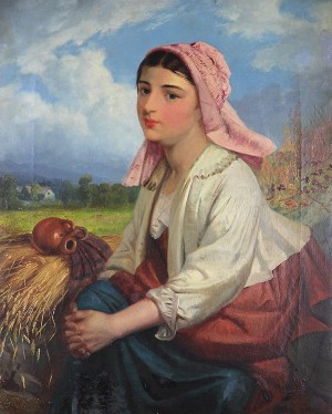 Girl In Pink Bonnet With Wheat by James FAED - auction artwork with signature