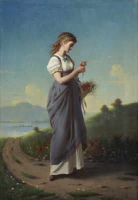 Young Woman Picking Flowers by August Von HECKEL