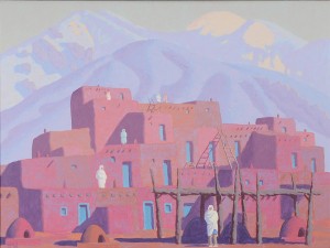 Taos Pueblo Village by Carlos HALL - auction artwork with signature