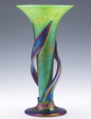A Contemporary Trumpet Vase With Applied Leaf Decoration, The Main Body In Iridescent Green Oil Spot Surface And The Base And Applied Leaf Forms With Vivid Iridescence by Dennis MULLEN