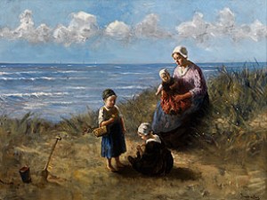 Mutter Mit Spielenden Kindern An Einem Holländischen Strand Unter Sommerwolken by Bernard De HOOG