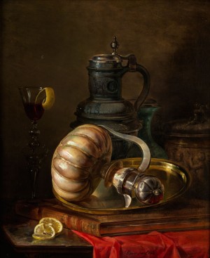 Stillleben Mit Weinglas, Godroniertem Krug Und Steinzeugkrugen by Jozsef BORSOS