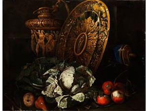 Grosses Stilleben Mit Goldenem Prunkgeschirr, Kohlkopf Und Früchten by Giuseppe RECCO