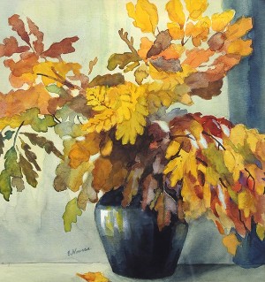 Lilacs In Blue Vase And Still Life Of Fall Foliage In Black Vase by Elisabeth NOURSE