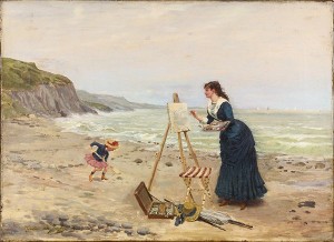 Beach Scene With Woman Painting At An Easel While A Child Is Playing by Gustave Leonhard De JONGHE