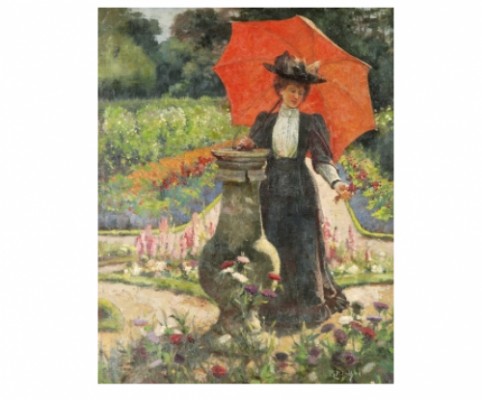 Kvinna Med Rött Parasoll by Ella M. BEDFORD - auction artwork with signature