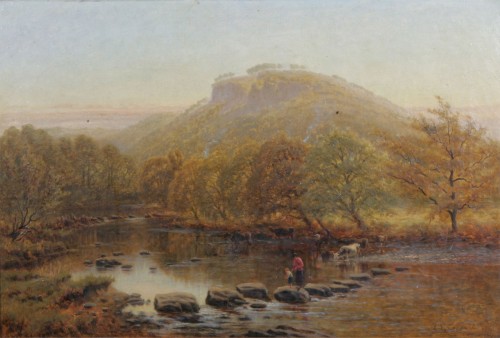 Stepping Stones On The Lledr” - Landskap Med Flod Och Figurer by Charles Law COPPARD