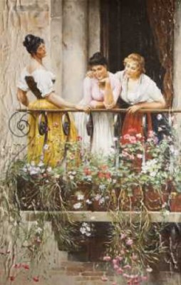 Three Young Woman On A Flowered Balcony by Eugene Von BLASS - auction artwork with signature