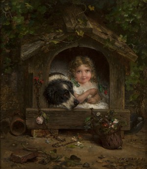 A Girl And Her Dog In A Dog House by Joseph Henry SHARP