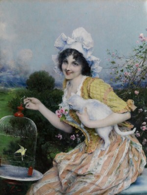 Junges Mädchen Mit Katze Und Vogelkäfig by Francesco VINEA