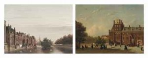 Elegant Figures Strolling Along The Buitenhof, The Hague; And The Binnenhof As Seen From Korte Vijverberg by Petrus Gerardus VERTIN