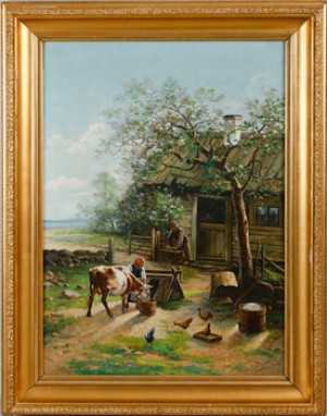 Gårdsidyll Med Figurer, Ko Och Höns by Thure LIND - auction artwork with signature