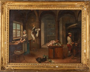 (2) Köksinteriörer Med Figurscener by Heinrich Adam Elias BORNY