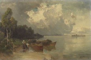 Verschiffung Der Heuernte Am Chiemsee Mit Aufziehendem Gewitter by Josef WOPFNER