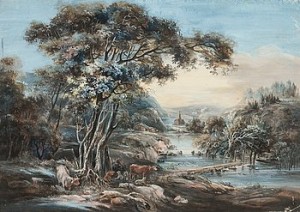 Pastoralt Landskap Med Betande Boskap, Kyrka I Fonden by Jonas Carl LINNERHJELM
