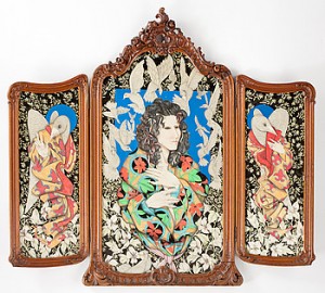 Komposition Med Kvinna I Kimono Och Fåglar. Ram I Skuren Mahogny by Ronald BURNS