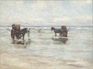 ''clam Gathers (sic)'', Figures And Horses Along A Shore by F(Okko) TADAMA