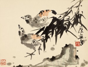 Two Birds And Bamboo by KANG NING - auction artwork with signature