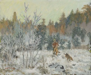 Jägare Med Fälld Räv Samt Jakthund by Harald WIBERG