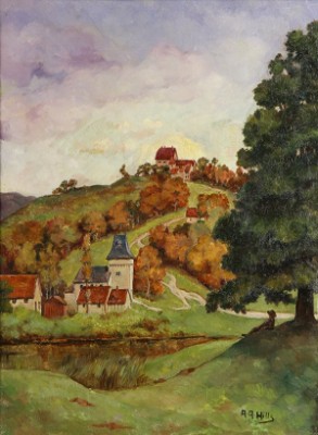 Figure Resting In The Shade With Village In The Distance by Anna Althea HILLS