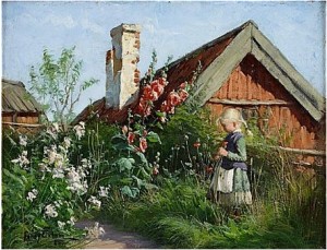 Flicka I Blommande Trädgård Med Stockrosor Och Vallmo by Fanny BRATE