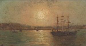 Scene Shows Three-mast Ship Anchored Off Coastline Having Three Other Small Boats by Ralph Albert BLAKELOCK