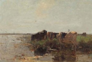 Cows Grazing Near A Stream by Willem MARIS
