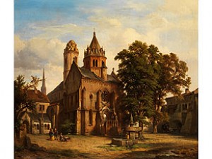 Blick Auf Eine Romanische Kirche über Den Vorhof Mit Brunnen Und Eichenbäumen Sowie Figurenstaffage by Albert Emil KIRCHNER