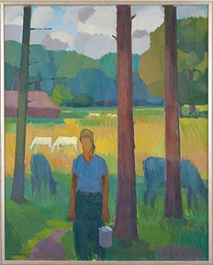 Flicka Och Boskap I Sommarlandskap by Richard BJÖRKLUND